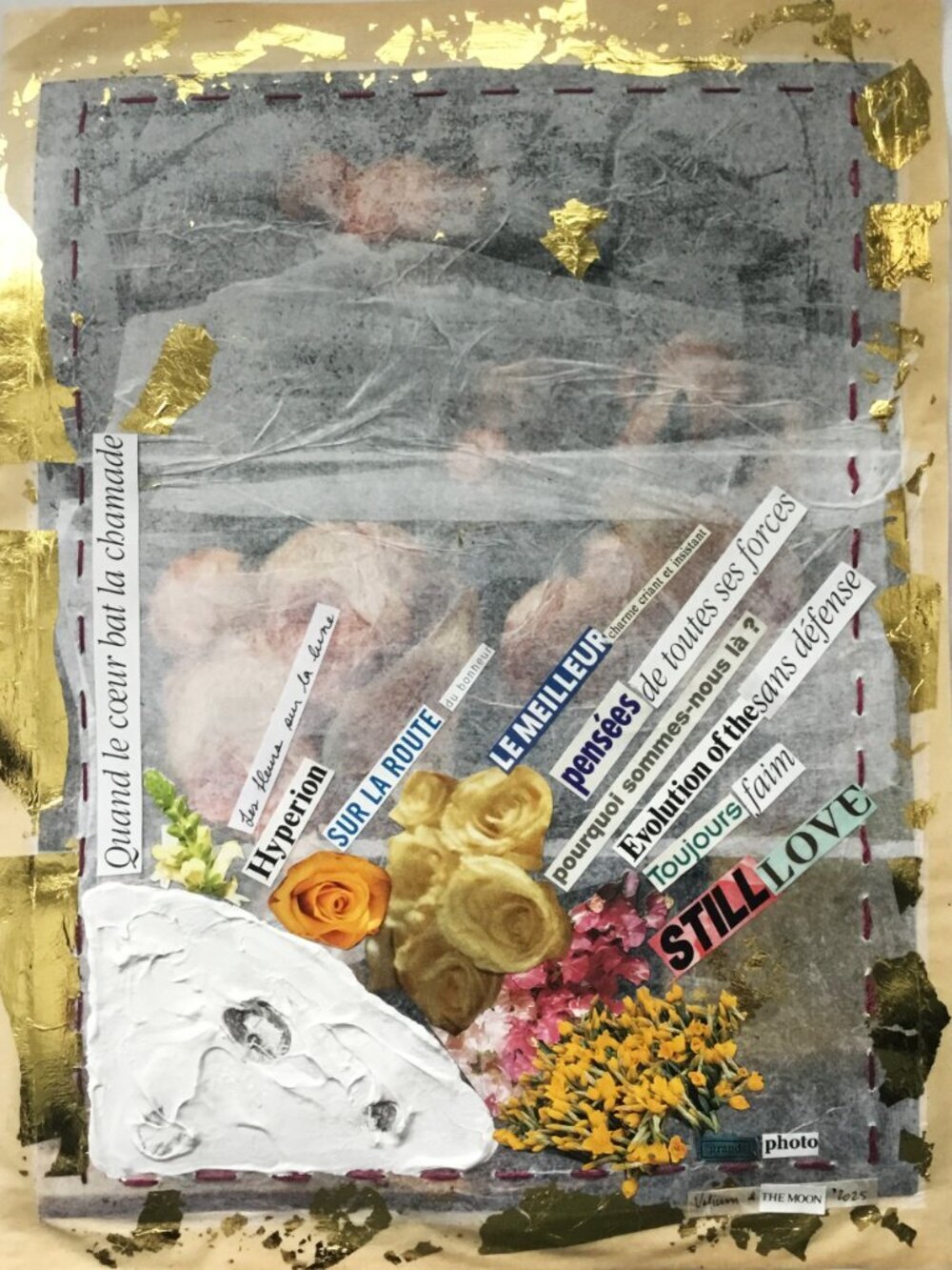 Collage on reproduction mounted on silk and butcher's papers 13 1/2 X 10 1/2inch